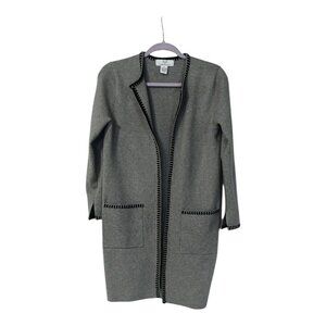 Magaschoni Open Front Cardigan Gray Black Trim Size S Long Midi Blazer Sweater